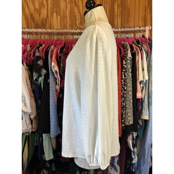 Adrianna Papell Womens Eyelet White Lined Crewneck Blouse Long Sleeve Sz XL - Picture 5 of 10